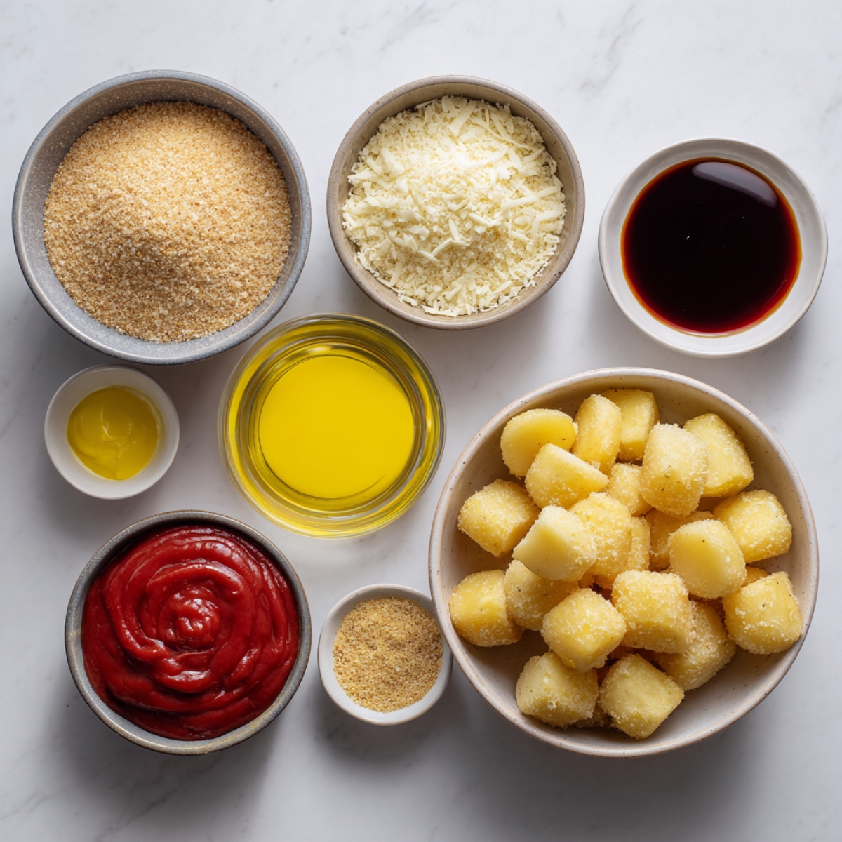 Assorted Korean corn dog ingredients in small bowls including potato cubes, shredded cheese, panko breadcrumbs, mustard, ketchup, and soy sauce.