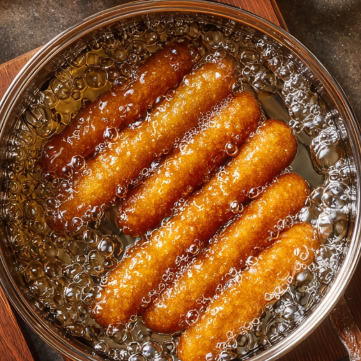Golden Korean corn dogs frying in bubbling hot oil until crispy and deep brown in color, shown from above in a saucepan.