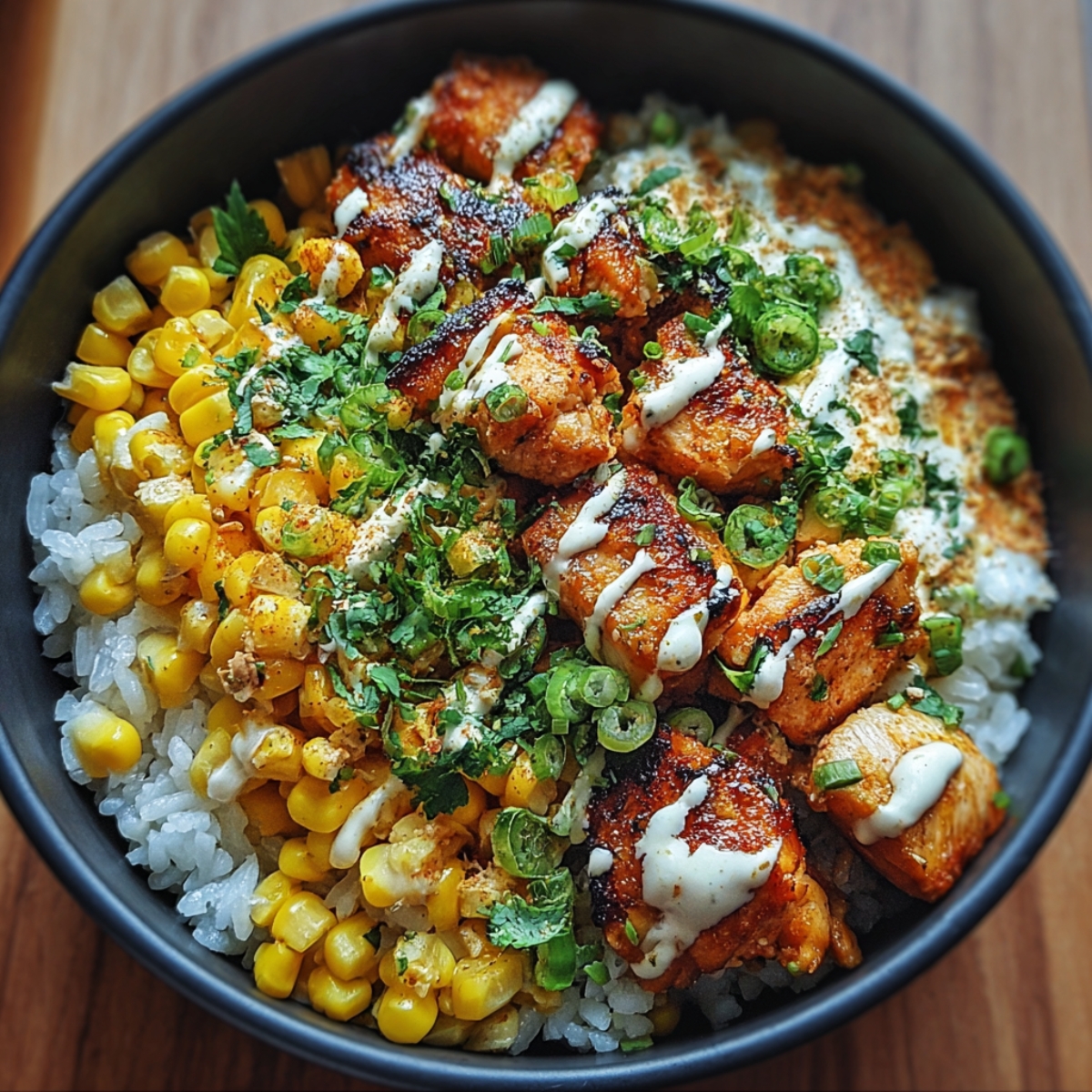 A vibrant street corn chicken rice bowl topped with grilled chicken pieces, charred corn, chopped cilantro, green onions, and a drizzle of creamy dressing over white rice.