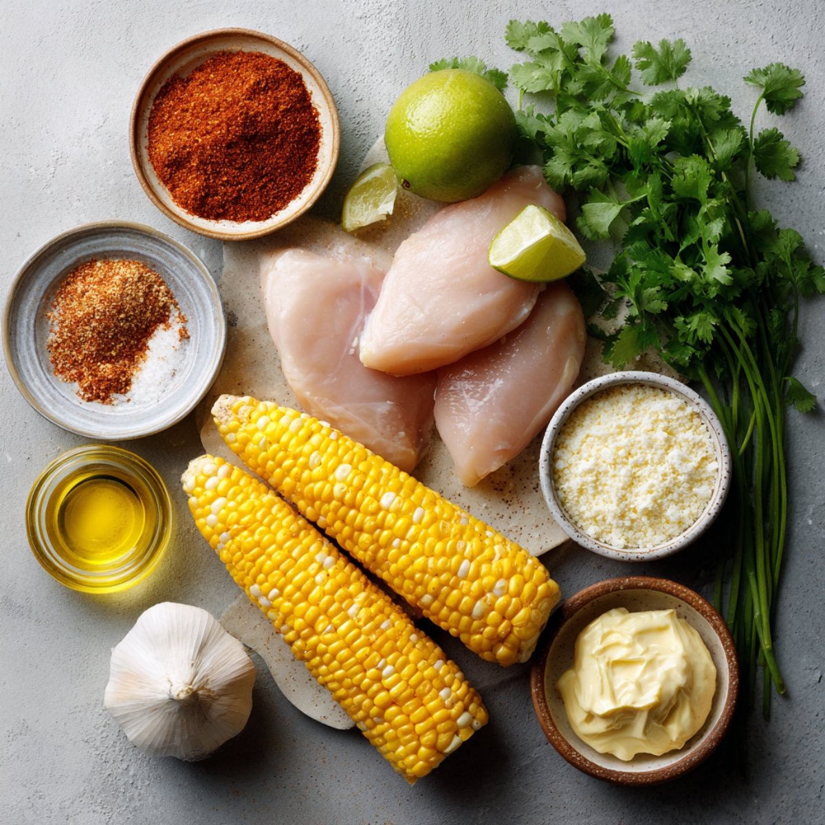 Street corn chicken bowl ingredients laid out — raw chicken breasts, corn cobs, mayonnaise, lime, cilantro, garlic, cotija cheese, chili powder, and oil.
