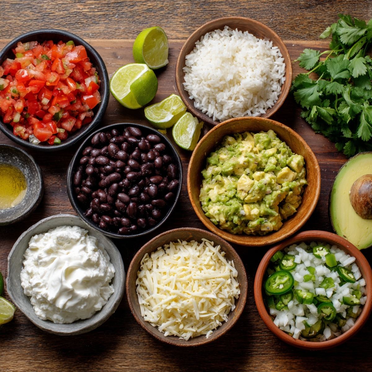 Overhead shot of bowl ingredients for street corn chicken rice bowl — guacamole, black beans, shredded cheese, sour cream, pico de gallo, limes, and avocado.