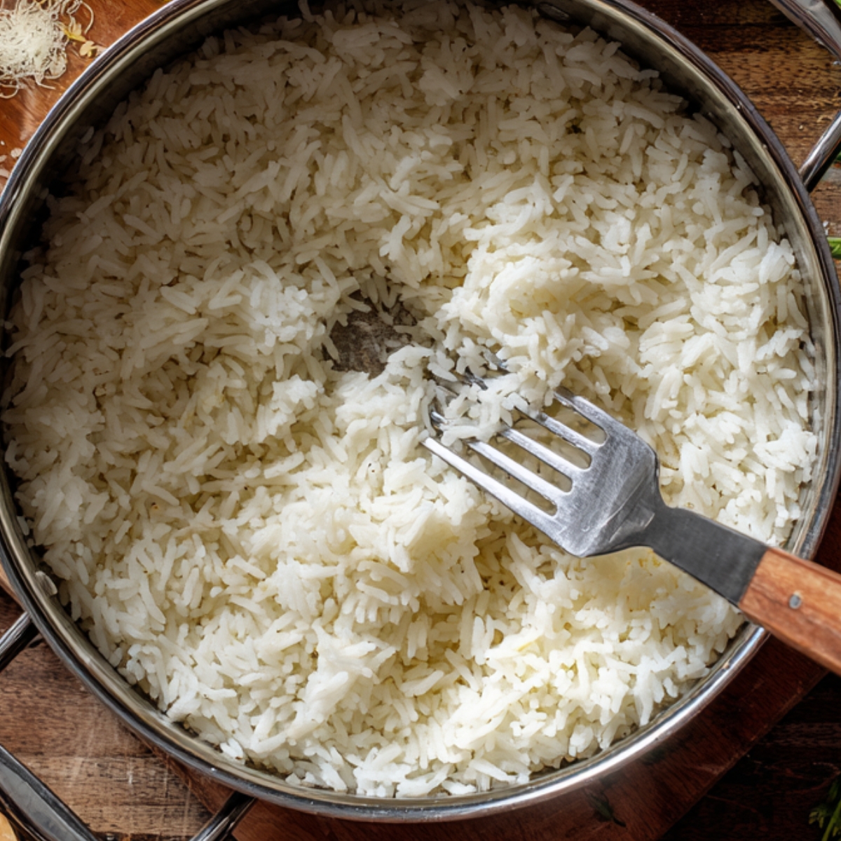 Fluffy cooked white rice being fluffed with a fork inside a metal pot on a wooden surface.