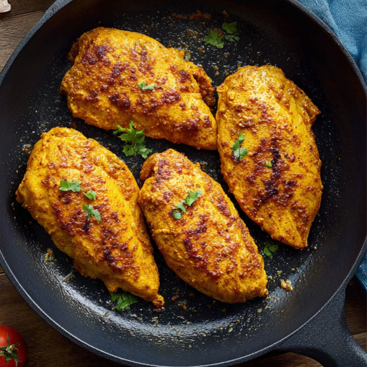 Golden spiced chicken breasts cooking in a skillet, with light sear marks and fresh cilantro garnish.
