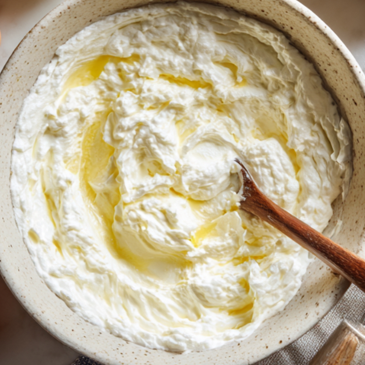 Bowl of rich whipped cream or waffle batter with melted butter swirled in, and a wooden spoon resting inside the bowl.