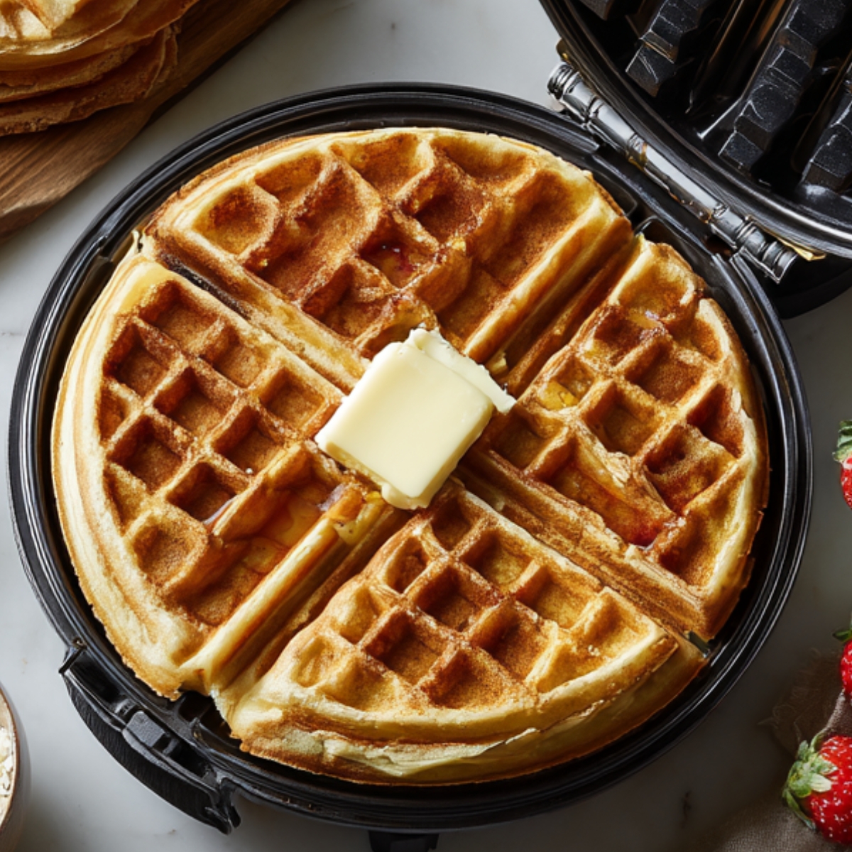 Golden brown waffle freshly cooked in a waffle maker, topped with a melting square of butter and ready to serve, with strawberries on the side.