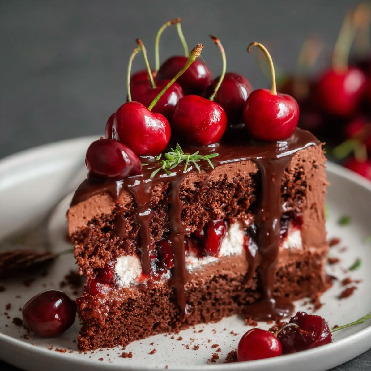 “Three-layer chocolate cherry cake being assembled with whipped cream, cherry filling, and chocolate glaze.”