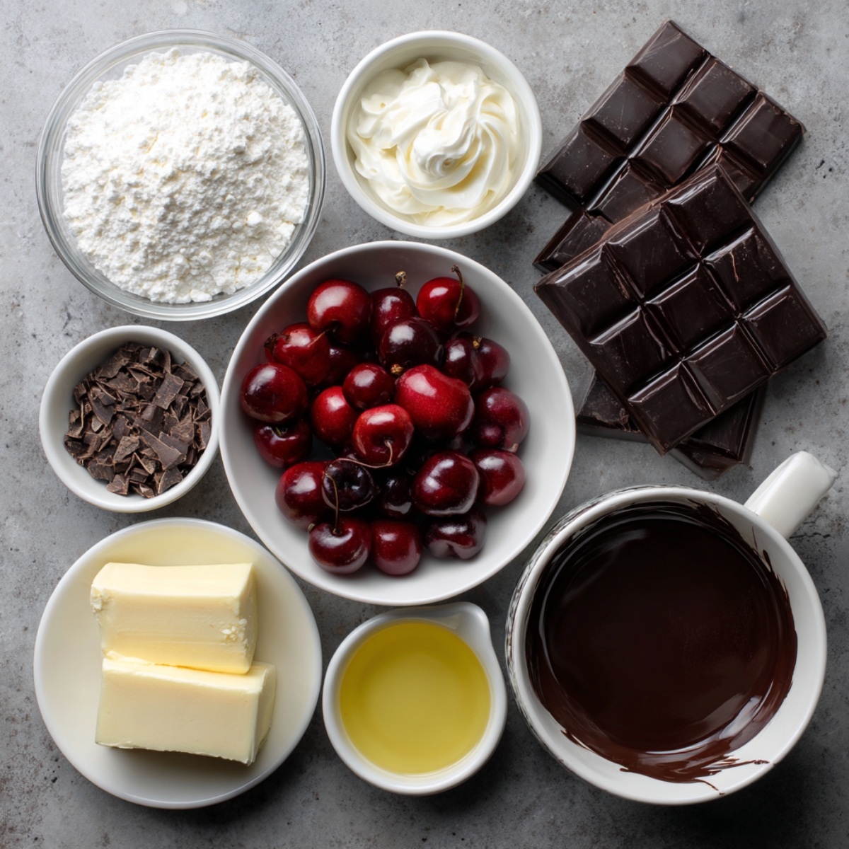 “Ingredients for black forest cake including cherries, dark chocolate, butter, powdered sugar, and cream.”