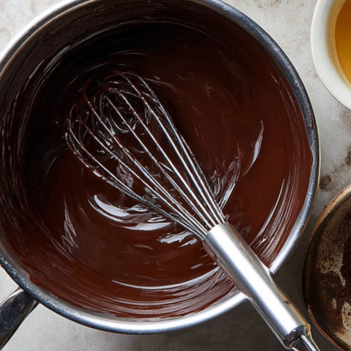“Smooth melted chocolate in a bowl with a whisk, ready for ganache topping.”