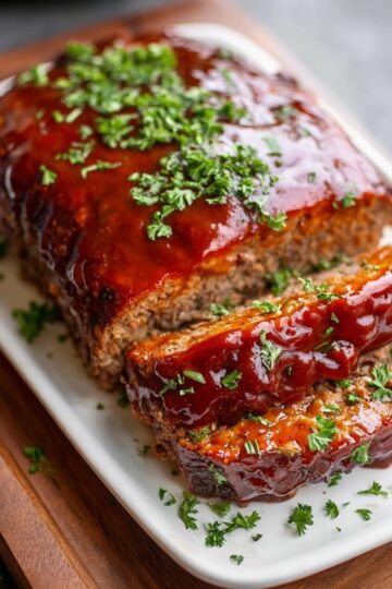 Juicy sliced easy meatloaf recipe on a white platter topped with shiny glaze and sprinkled with fresh parsley.