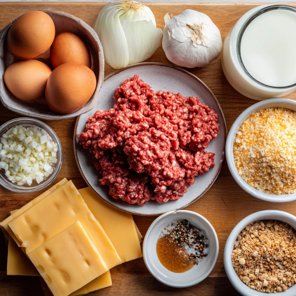 “Meatloaf ingredients displayed on a table including ground beef, eggs, milk, onion, garlic, cheese, breadcrumbs, and seasonings.”