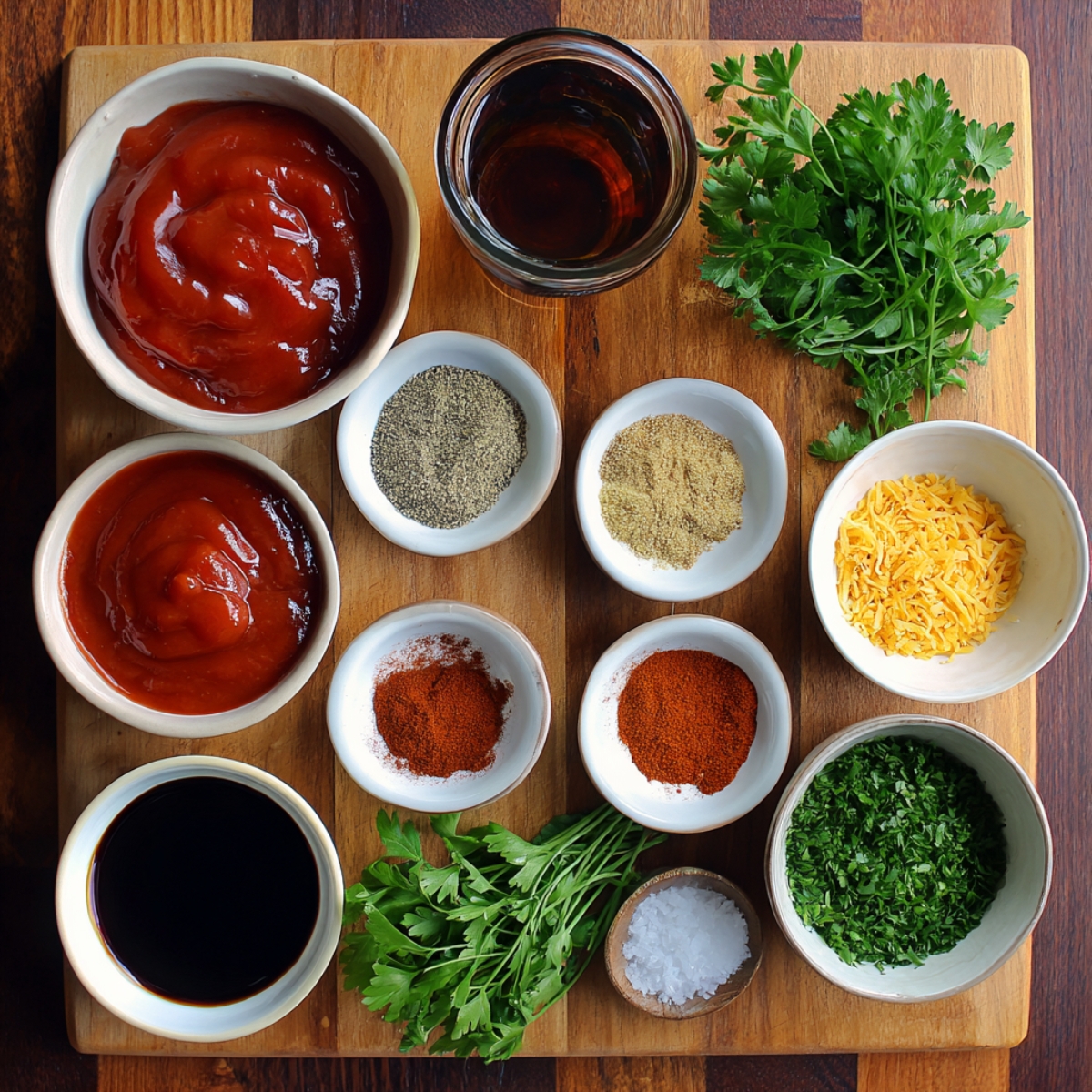 Array of meatloaf glaze ingredients including ketchup, spices, Worcestershire sauce, and fresh parsley arranged on a wooden board.”
