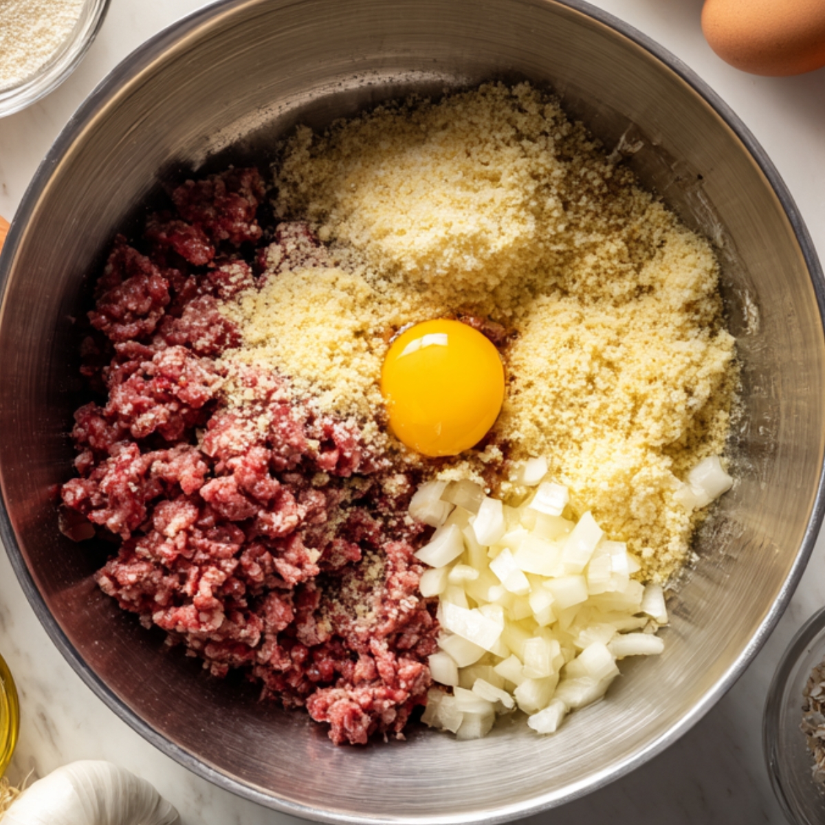 “Large mixing bowl filled with ground beef, breadcrumbs, chopped onion, and an egg yolk ready to be mixed.”