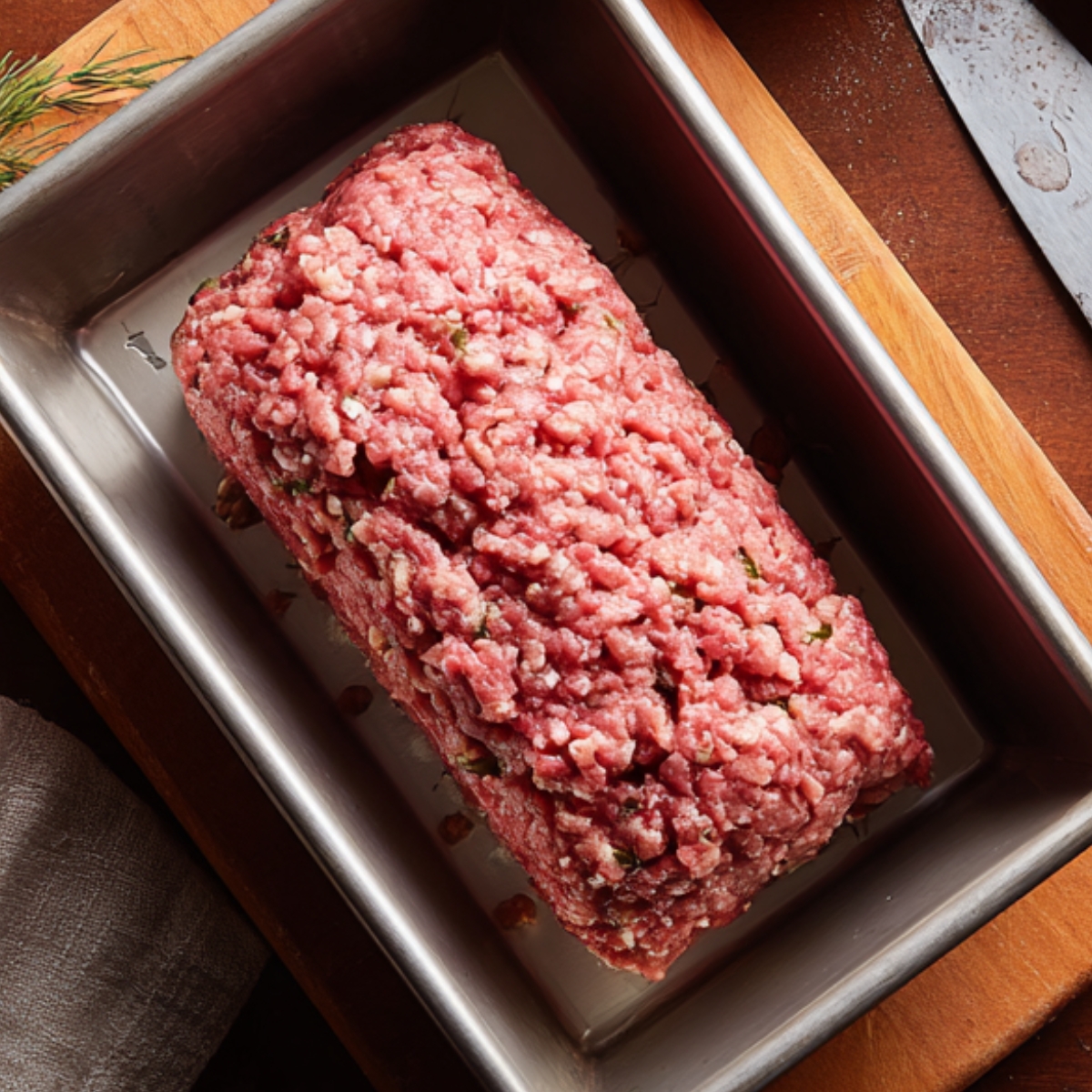 Raw meatloaf mixture shaped into a loaf inside a metal baking pan on a wooden cutting board.”