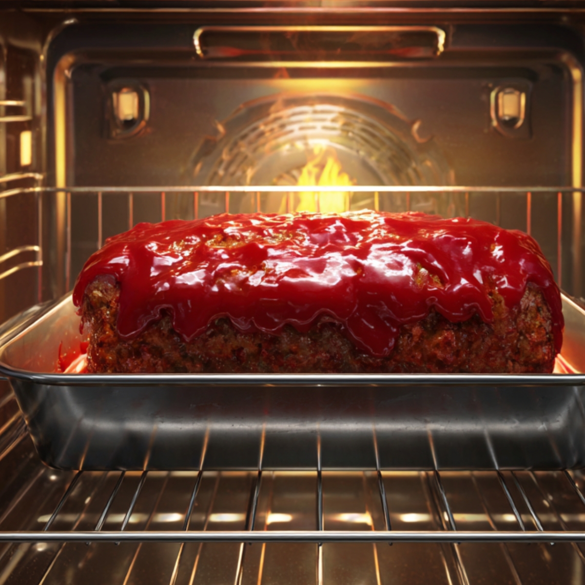 “Meatloaf baking in the oven on a metal pan with glossy red glaze caramelizing on top.”