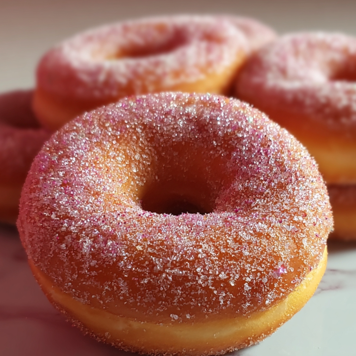 Close-up of golden doughnut coated in sparkling pink sugar, showing soft texture and shimmer under natural light.