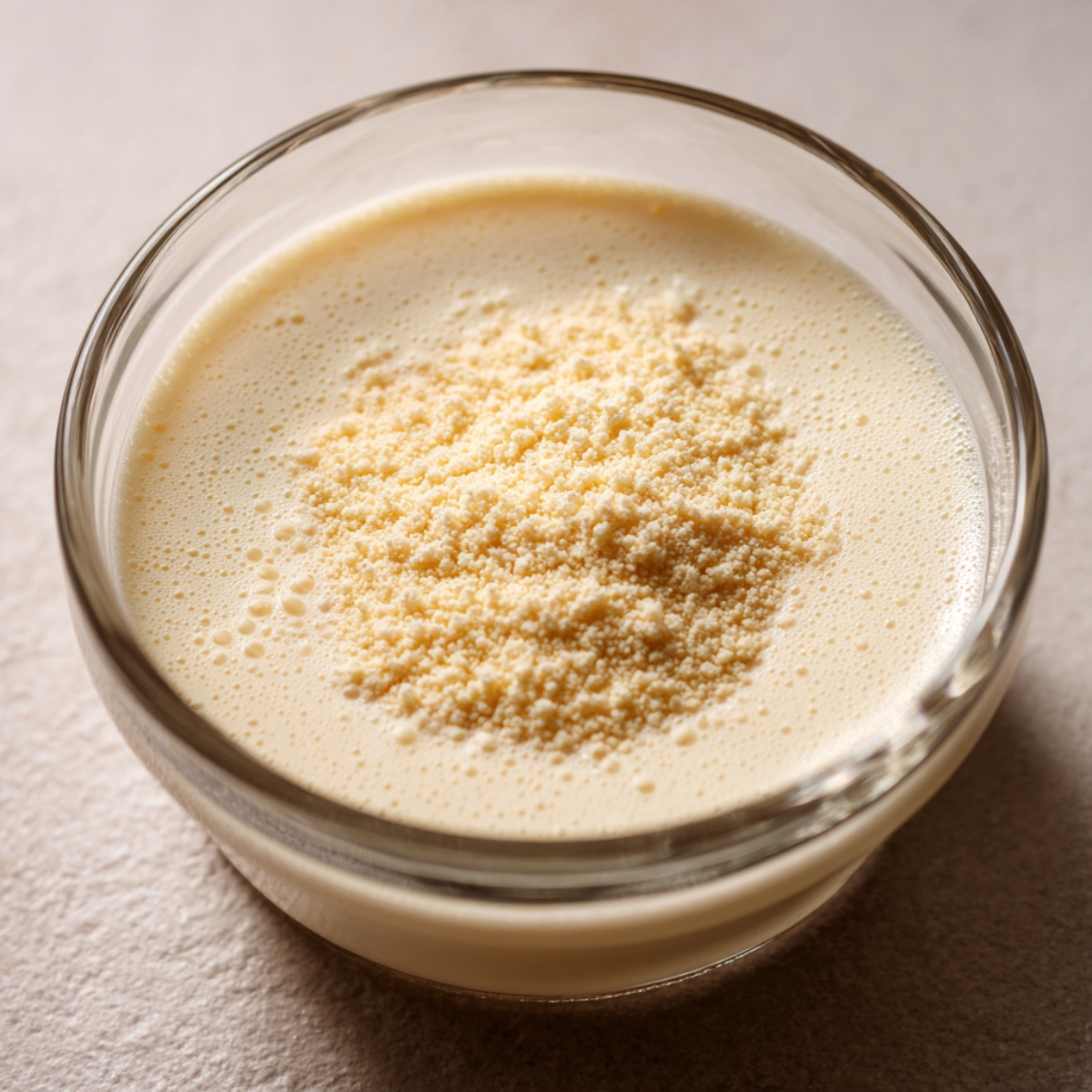 A small glass bowl with warm milk and yeast mixture forming bubbles, showing yeast activation for doughnut dough.