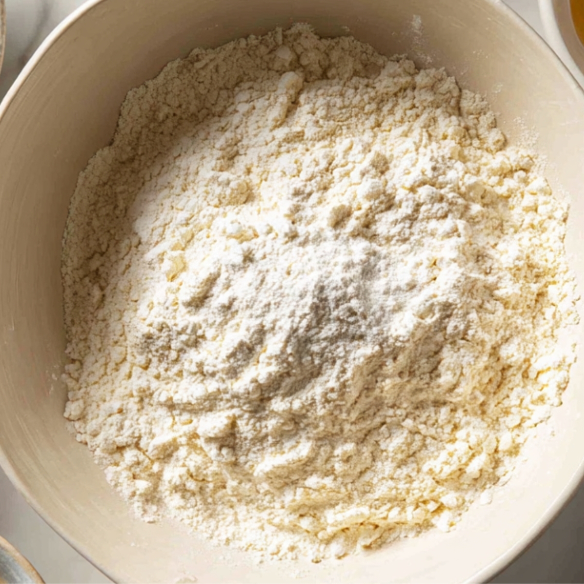 A bowl filled with a mix of flour and dry ingredients, showing soft powdery texture used for baking preparation.