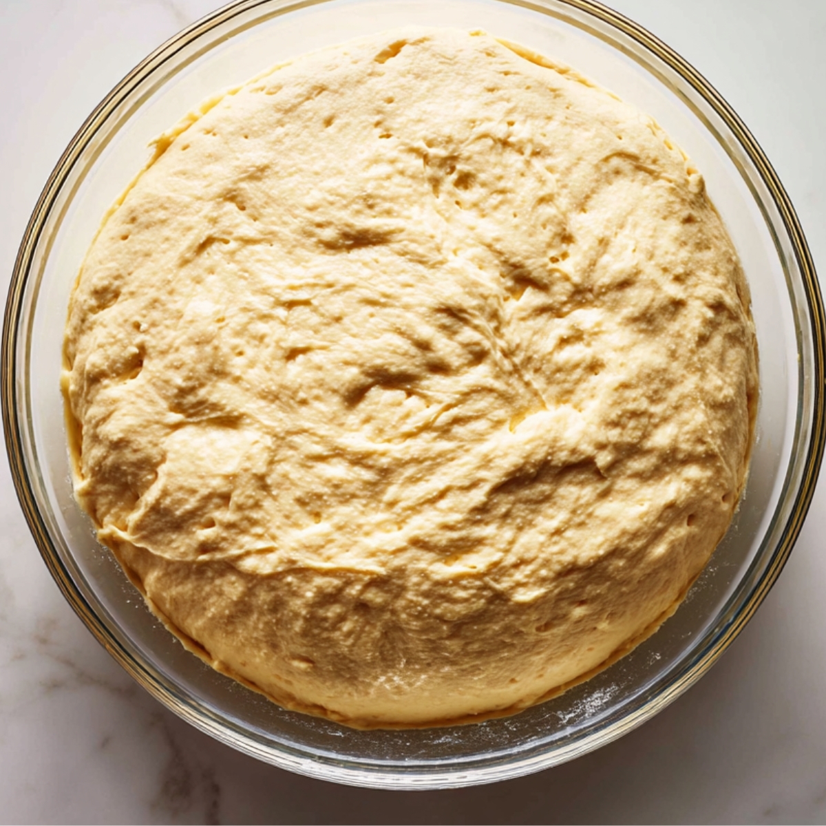 A bowl of perfectly risen yeast dough with soft, airy texture, ready for shaping into doughnuts.