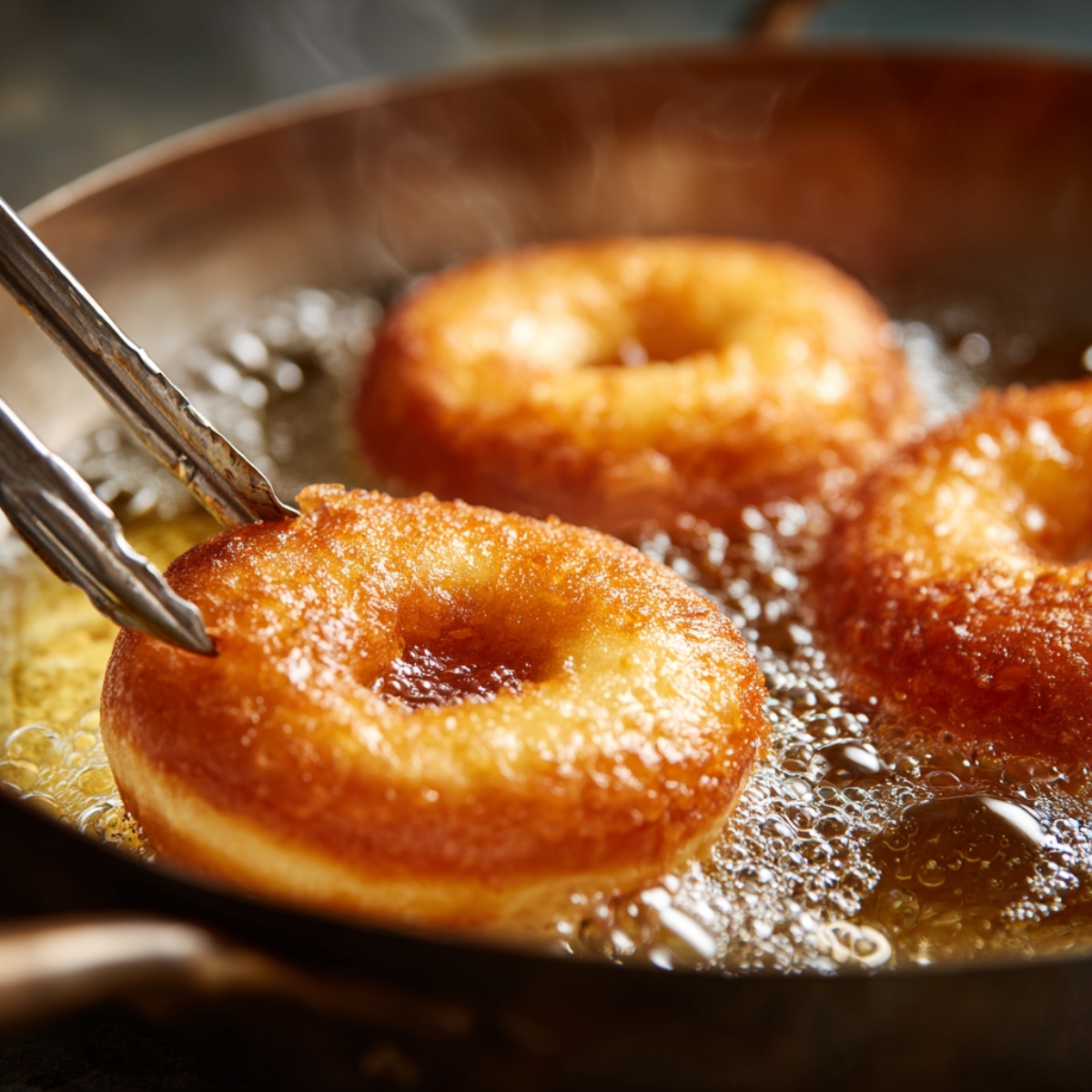 Golden doughnuts frying in hot oil inside a pan, bubbles forming around edges, captured mid-cook for perfect crisp texture.