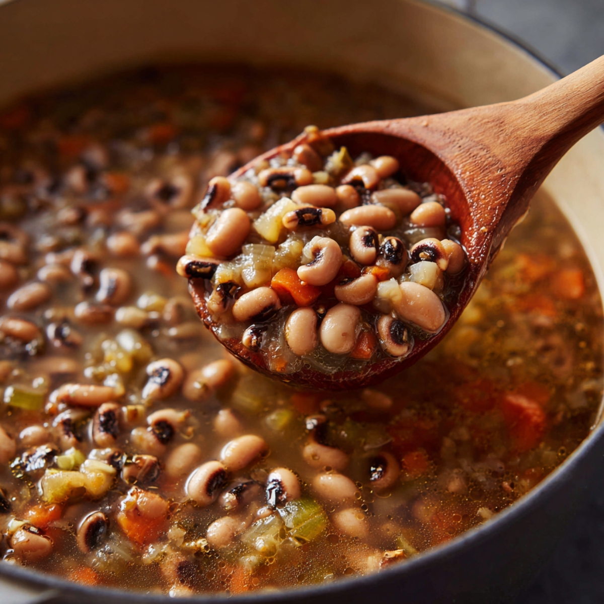 : A pot of black-eyed peas simmering in broth with bay leaves, ham hock pieces, and diced tomatoes, creating a hearty Southern-style stew.