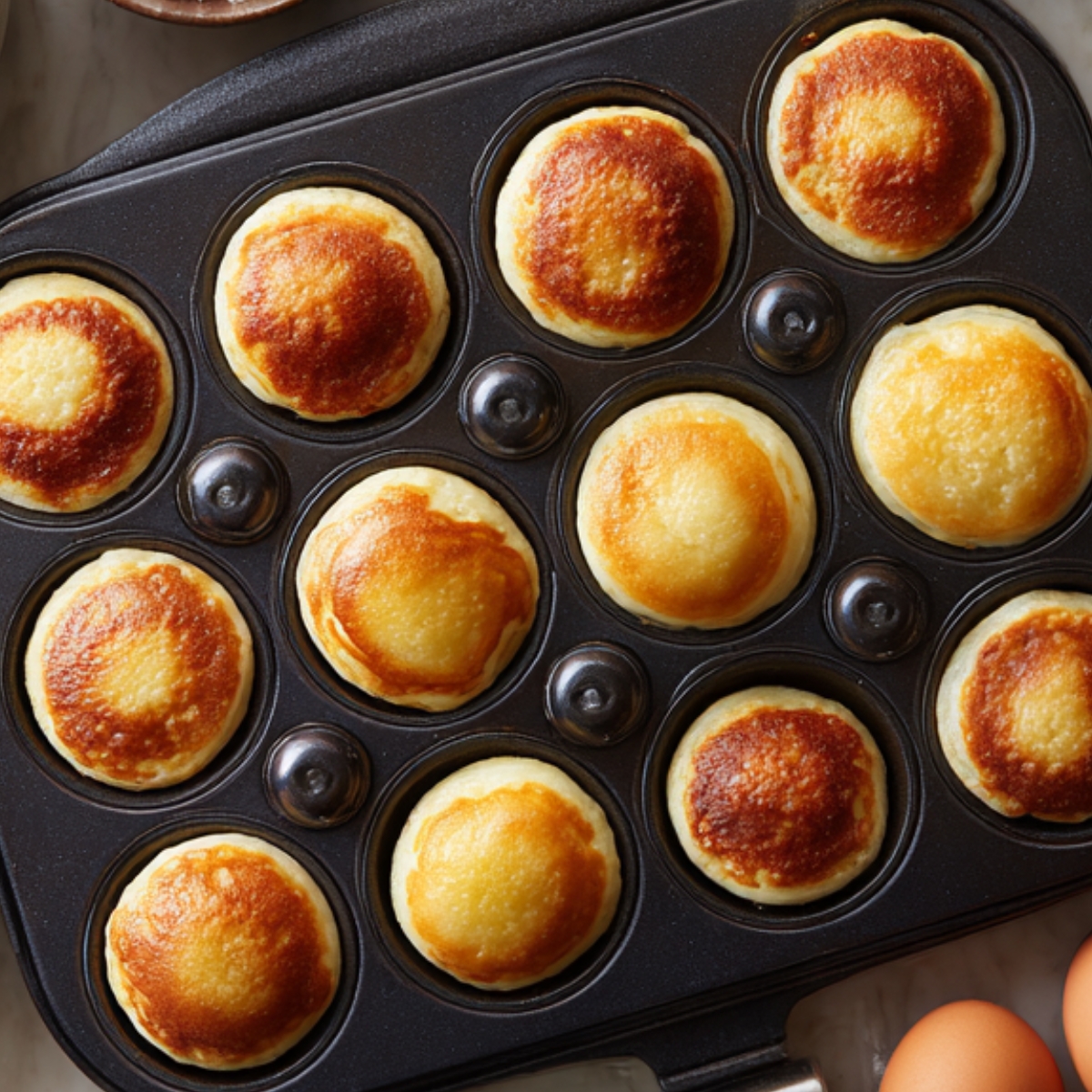 A freshly cooked batch of golden aebleskivers (Danish pancake balls) in a traditional aebleskiver pan, each puffed and evenly browned on top.