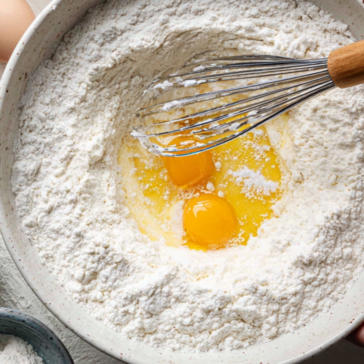 A close-up of a mixing bowl with flour and cracked eggs in the center, being whisked together to form batter for baking.