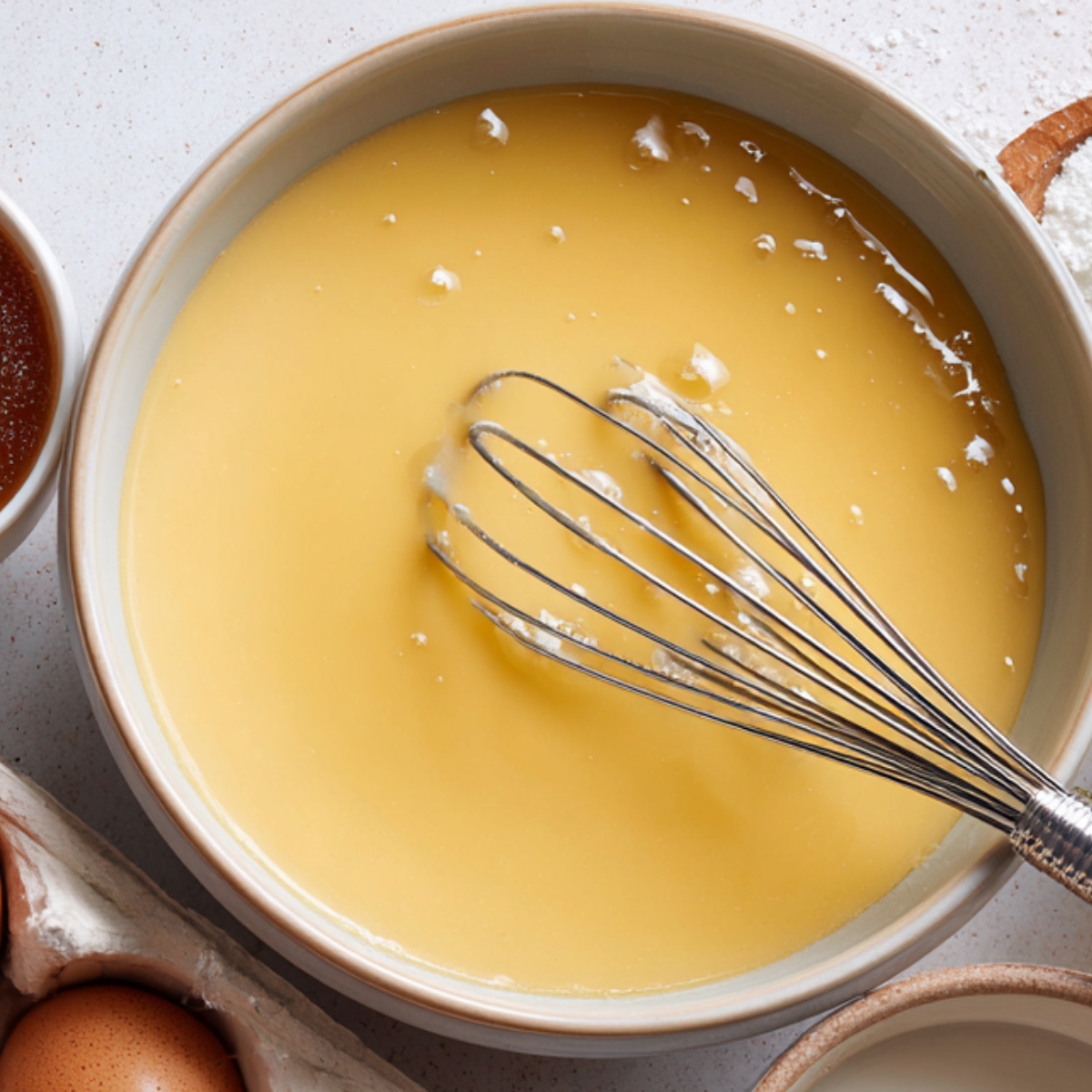 A mixing bowl filled with smooth yellow batter being whisked, surrounded by baking ingredients like eggs, flour, and syrup on a light countertop.