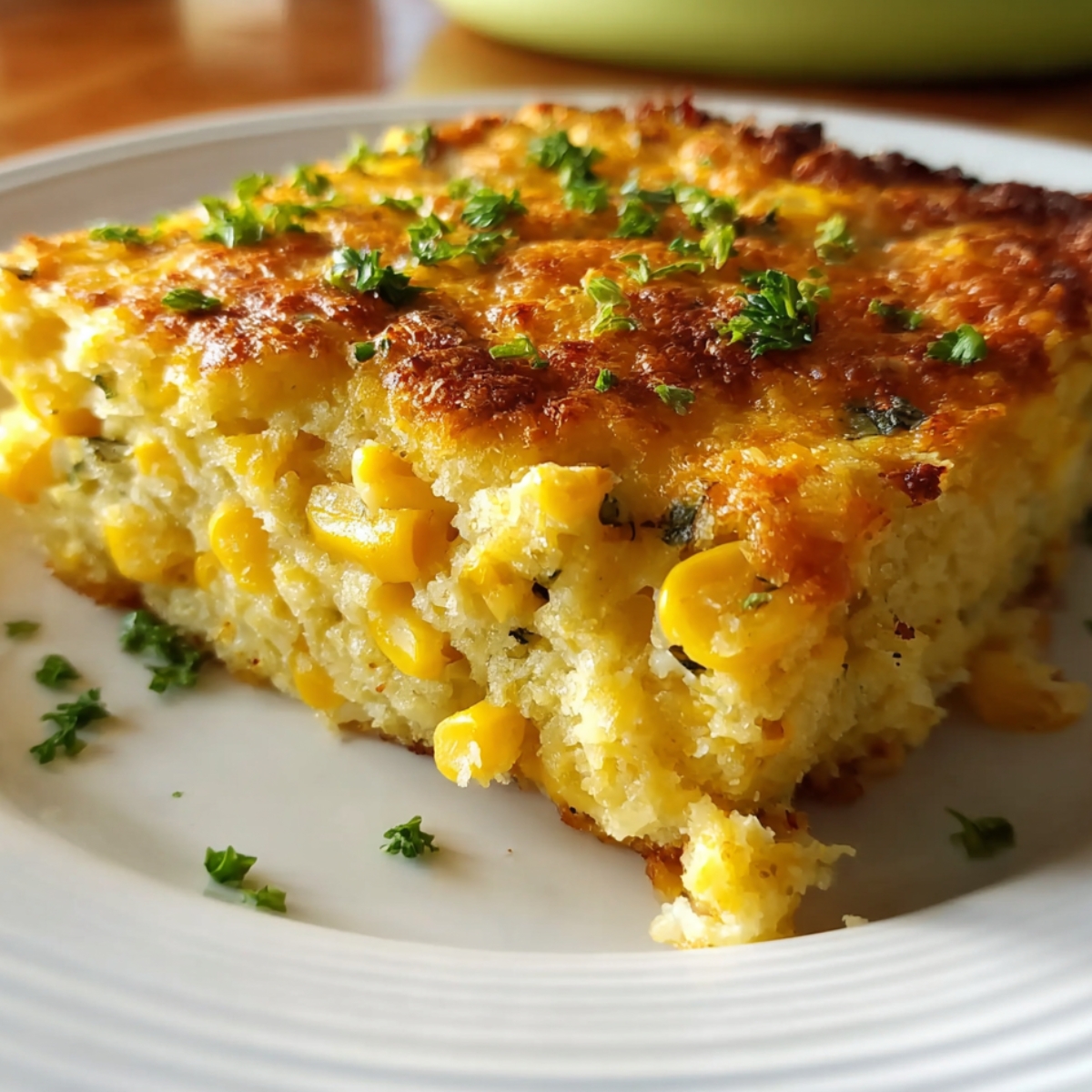 A close-up of a golden slice of baked corn casserole on a white plate, showing tender corn kernels, moist crumb, and fresh parsley sprinkled on top.