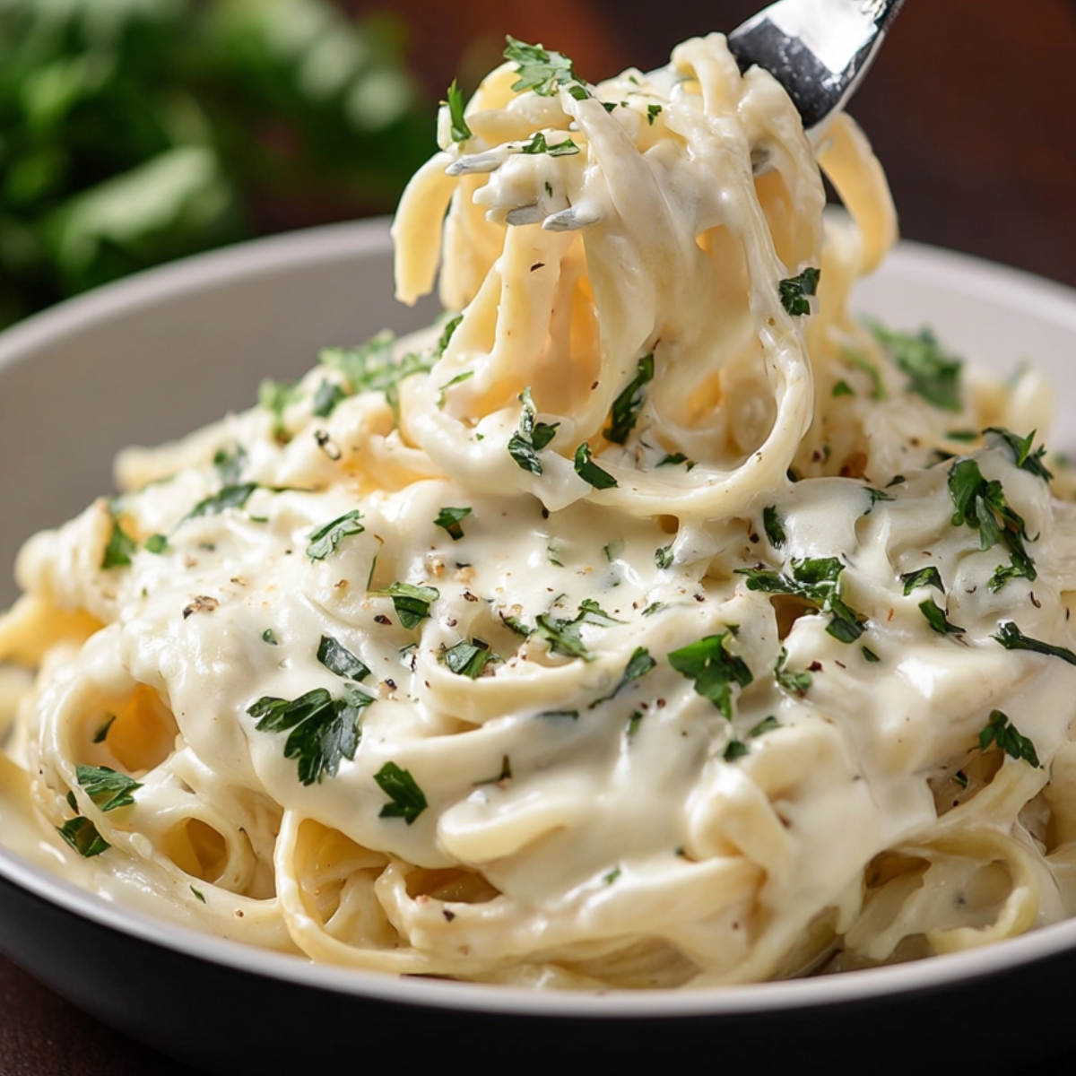 A close-up of a bowl of alfredo sauce recipe, fettuccine Alfredo, garnished with chopped parsley and cracked black pepper. A fork is twirling a portion of the pasta, showing its rich, velvety sauce.