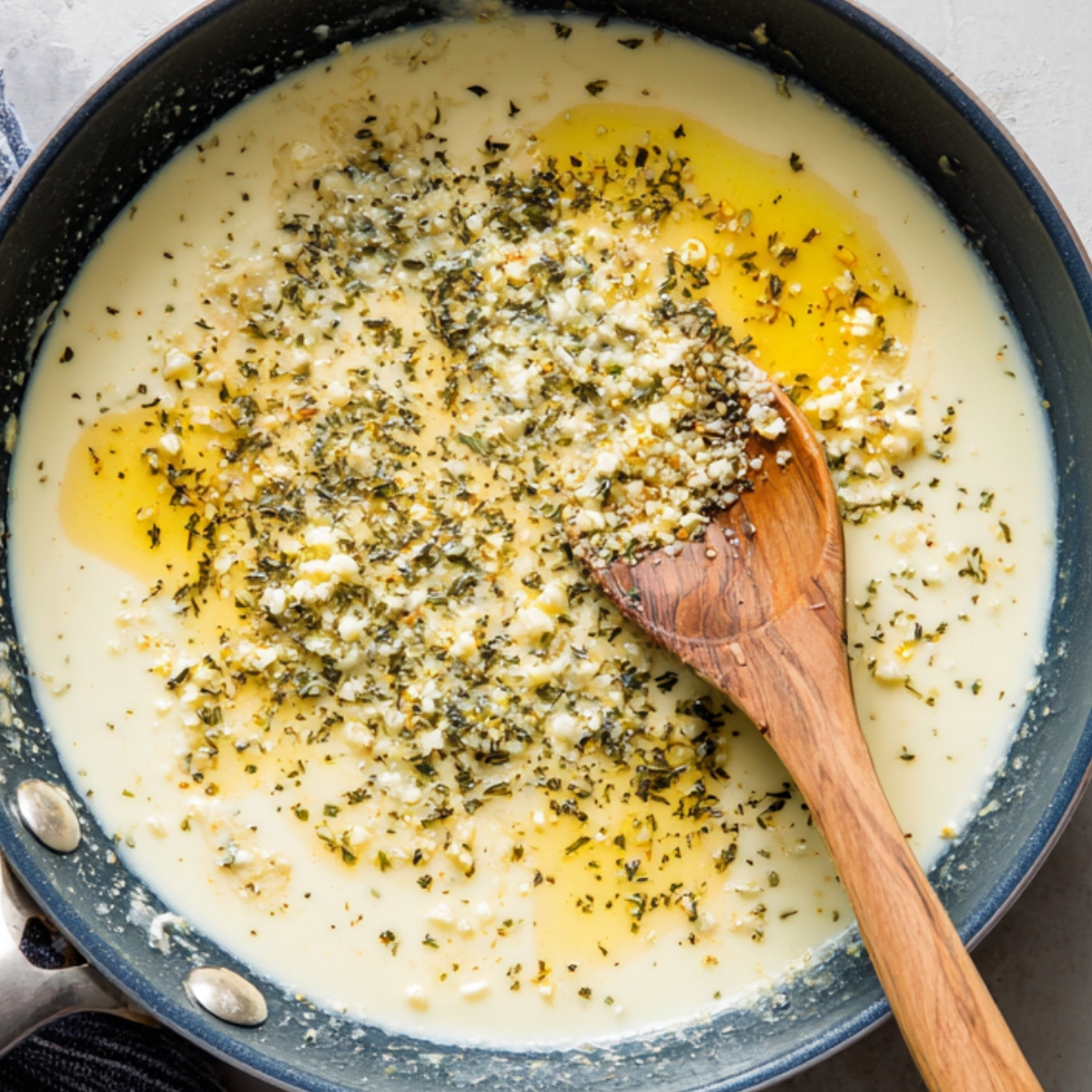 A saucepan of Alfredo sauce being prepared, with melted butter, cream, herbs, and minced garlic visible. A wooden spoon is stirring the creamy mixture with herbs and cheese melting in.