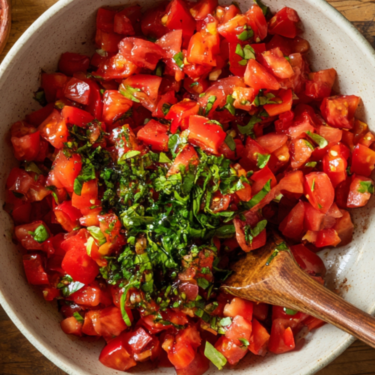 Freshly diced tomatoes mixed with chopped basil and olive oil in a bowl, ready for making bruschetta topping.