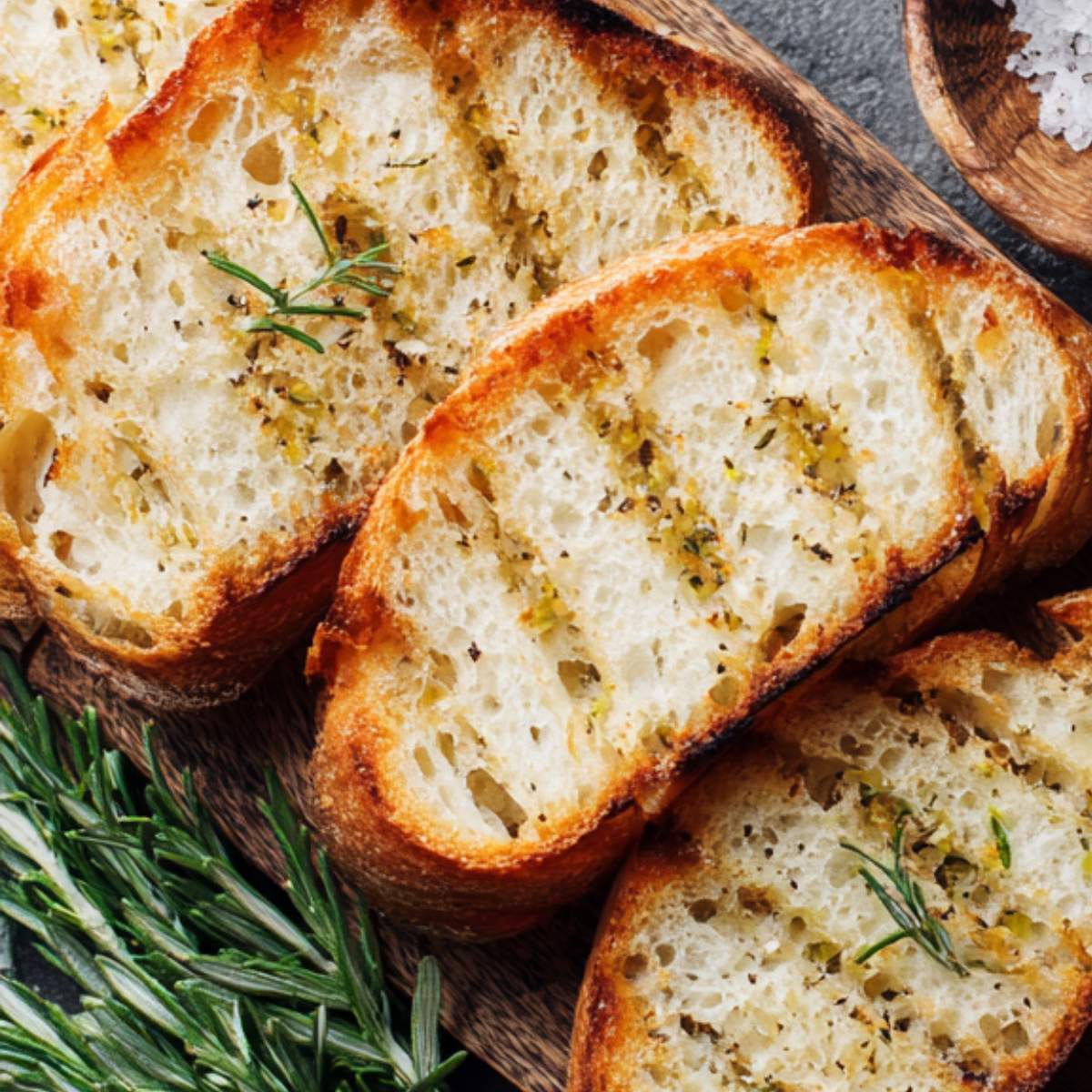 Slices of rustic garlic bread toasted with olive oil and herbs, served on a wooden board with fresh rosemary.