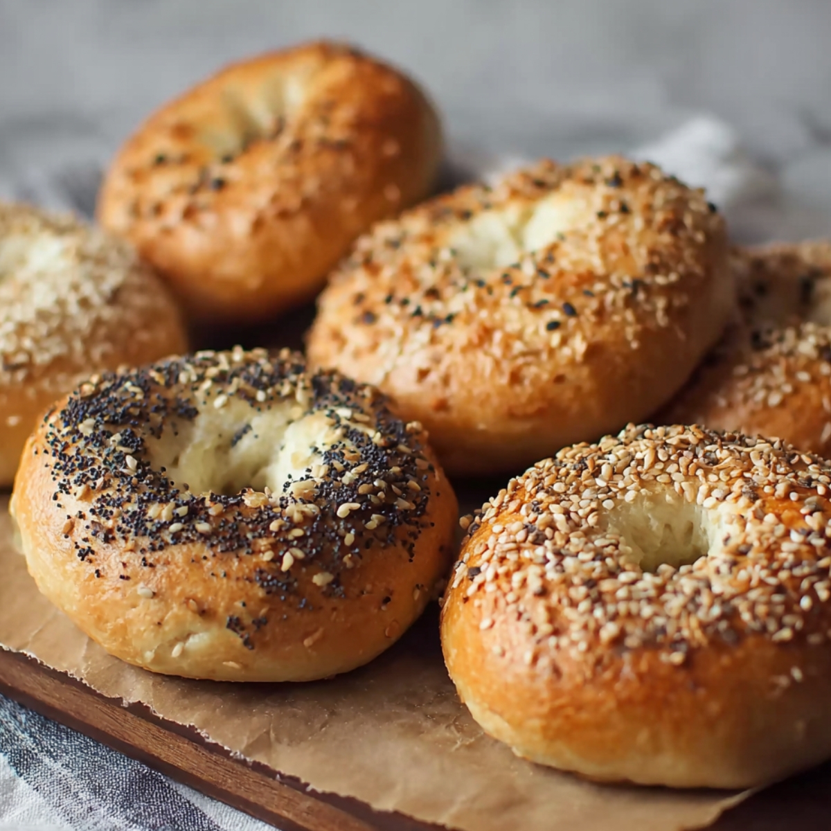 Golden brown bagels recipe homemade topped with sesame and poppy seeds, cooling on a piece of parchment paper.