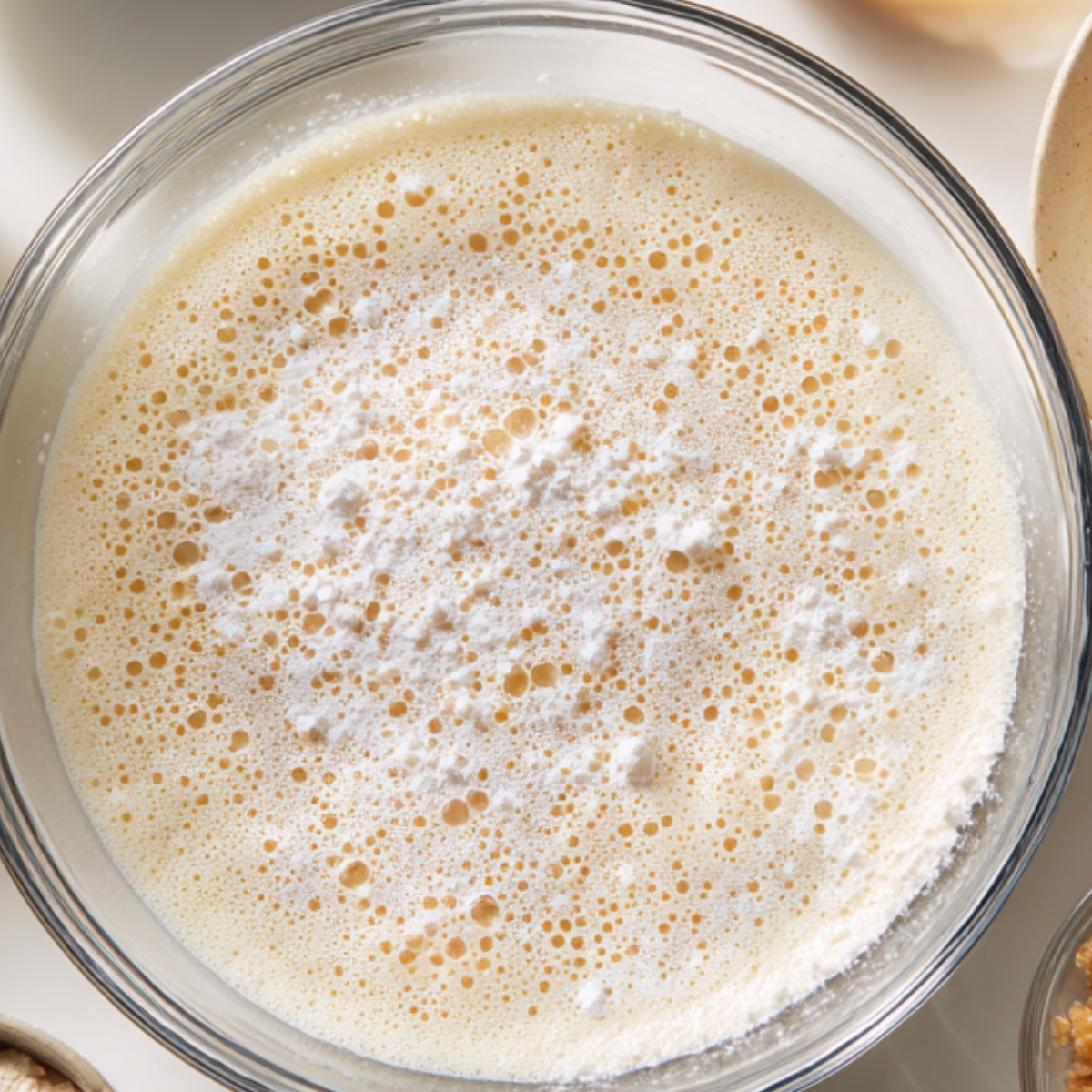 A bowl of frothy yeast mixture activating, with bubbles forming on the surface and a light dusting of flour.