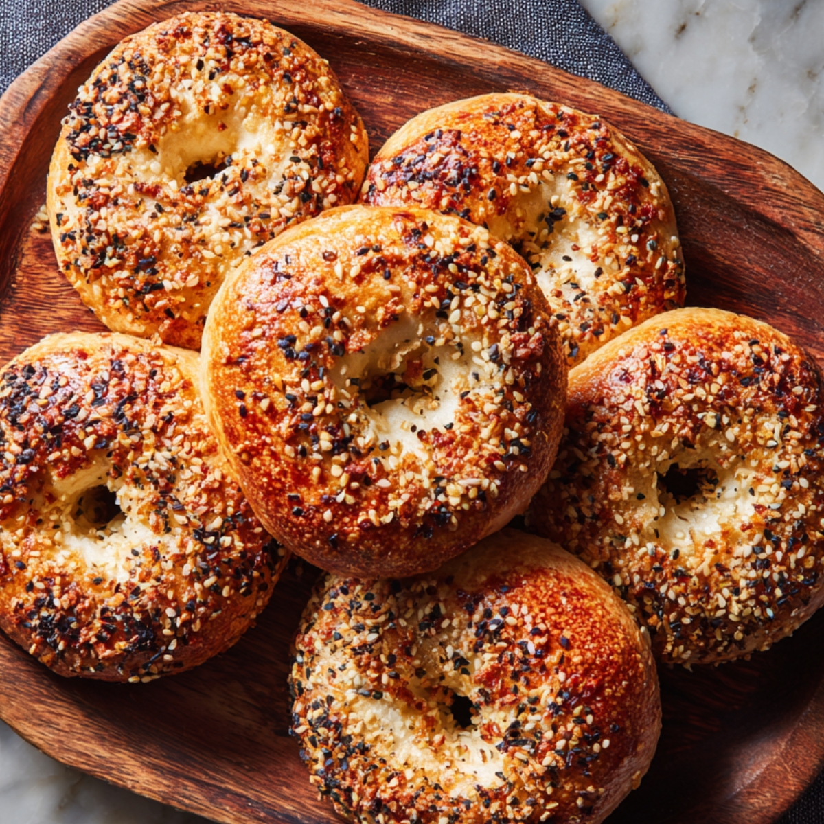 A wooden platter of golden, freshly baked everything bagels with a crisp crust and sesame topping.
