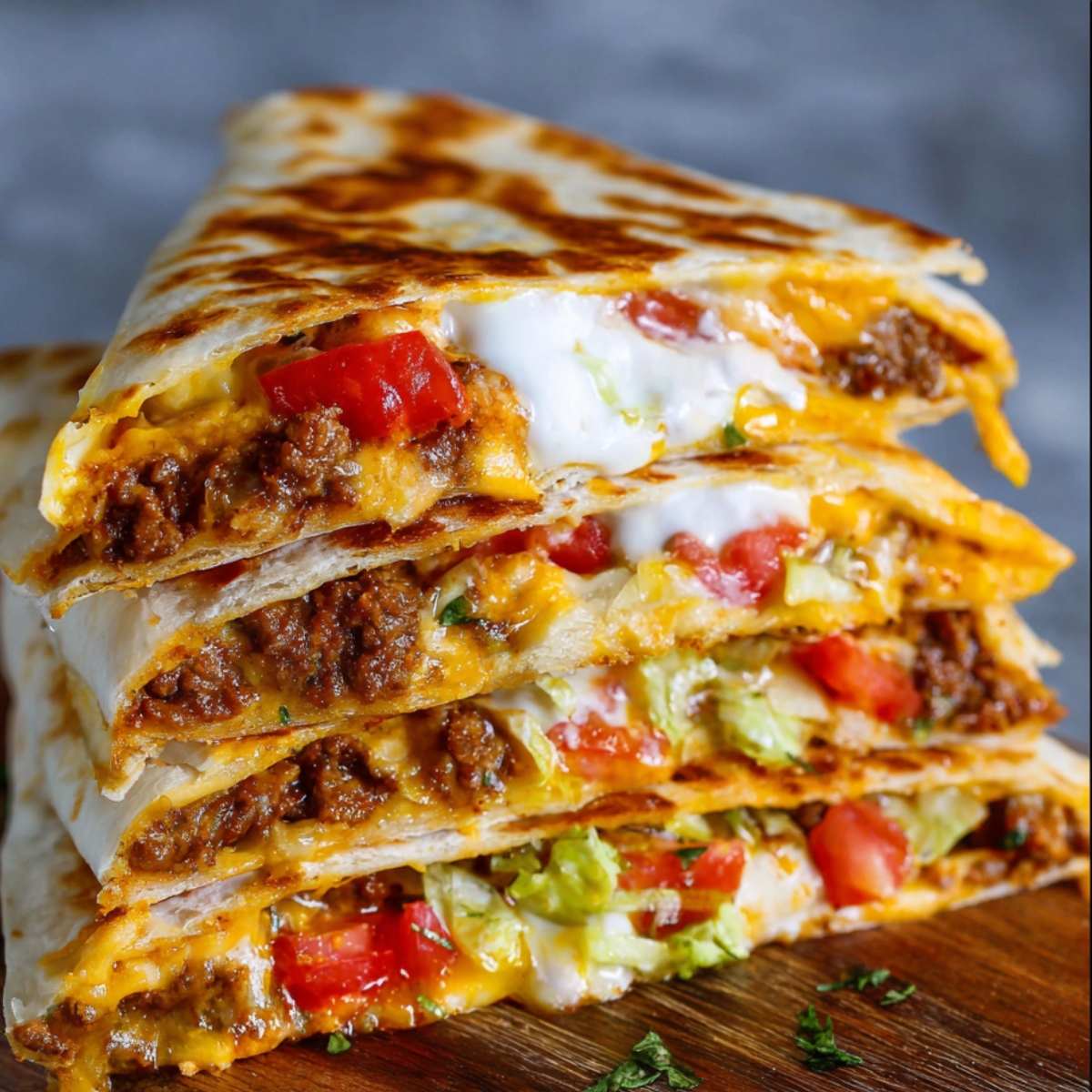 Stacked slices of acrunch wrap supreme recipe showing layers of seasoned beef, melted cheese, sour cream, lettuce, and diced tomatoes inside toasted tortillas.