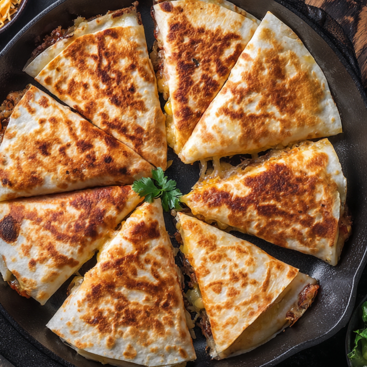 Golden brown quesadilla or crunchwrap slices arranged in a circular pattern in a hot skillet, garnished with a sprig of cilantro in the center.
