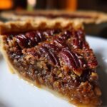 Close-up slice of baked pecan pie recipe showing gooey filling and crunchy caramelized pecans