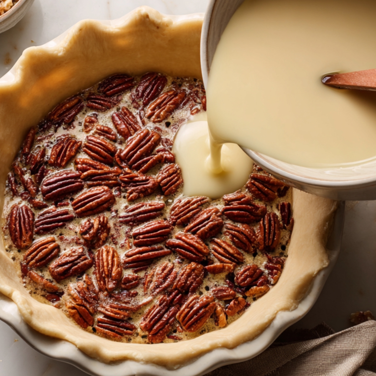 Pouring creamy pecan pie filling over toasted pecans in an unbaked pie crust before baking