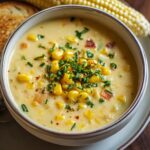 “Creamy homemade corn chowder served in a bowl, topped with corn kernels, chopped herbs, and a sprinkle of paprika.”