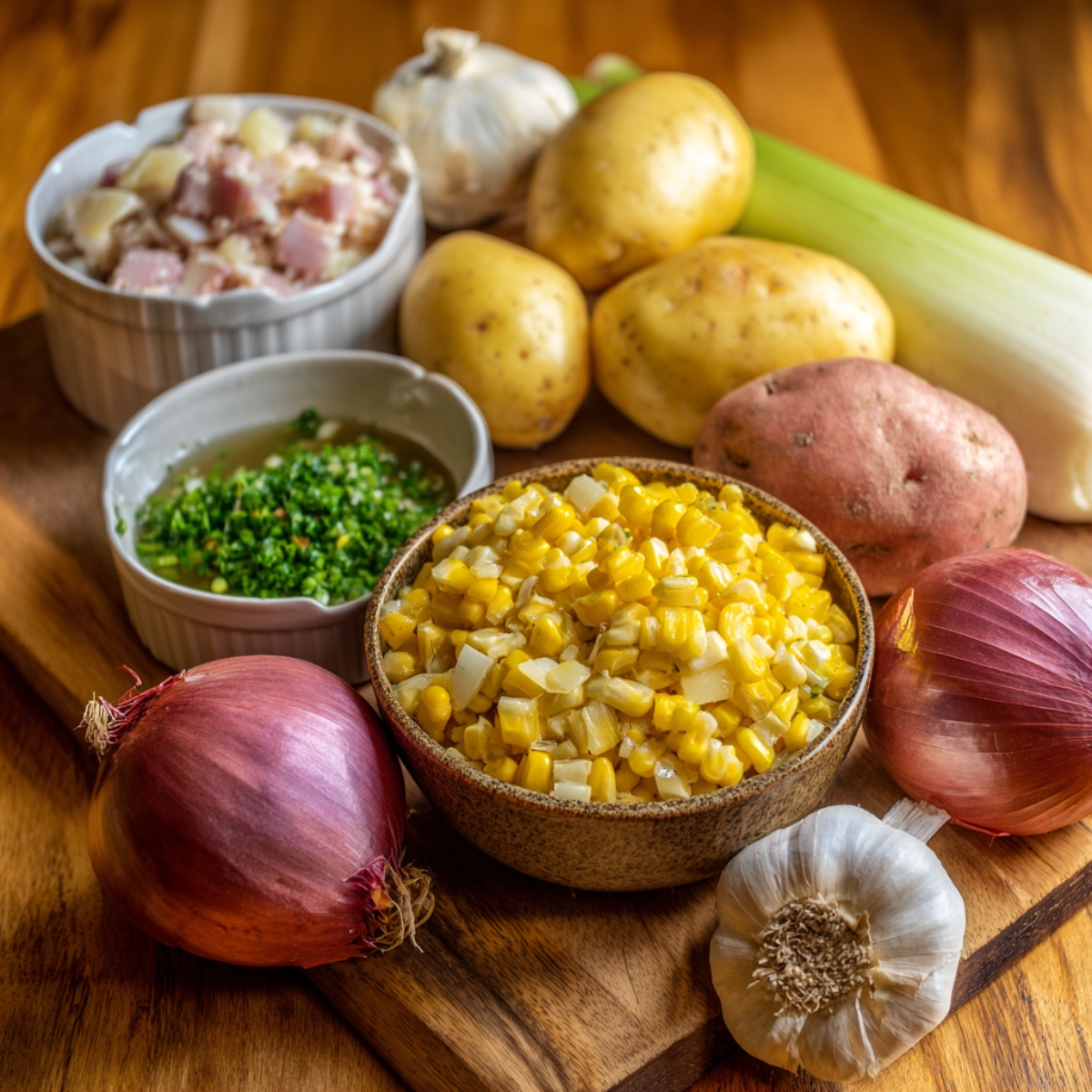 Fresh ingredients for homemade corn chowder including corn kernels, potatoes, onions, celery, garlic, and diced bacon on a wooden cutting board.”