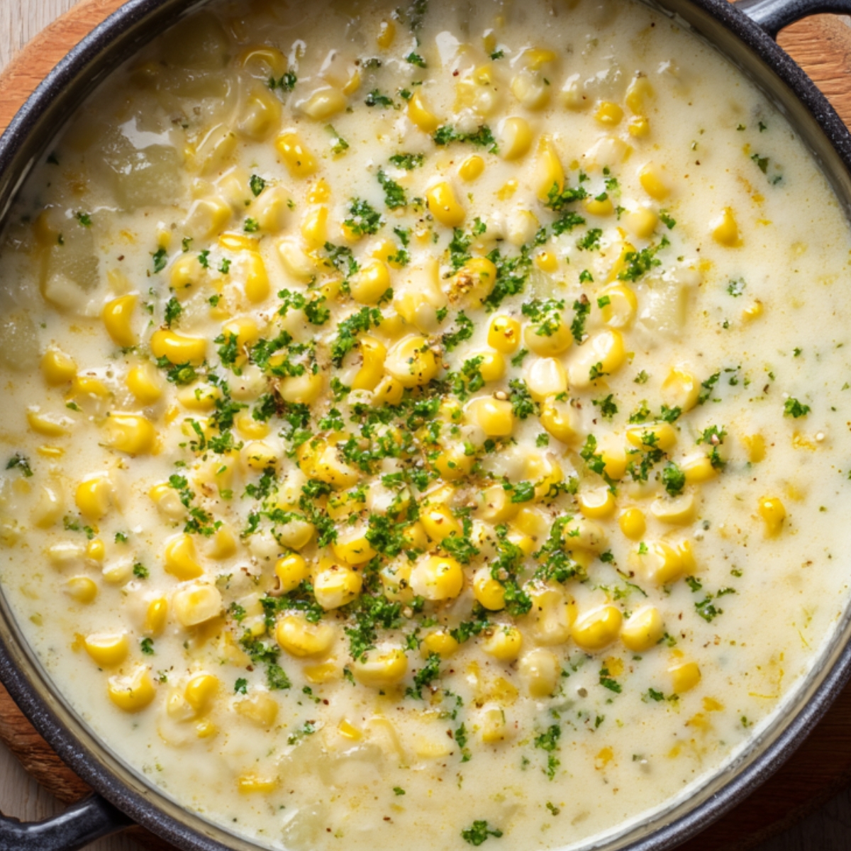 “Close-up of a pot filled with creamy corn chowder, showing corn kernels and parsley garnish on top.”