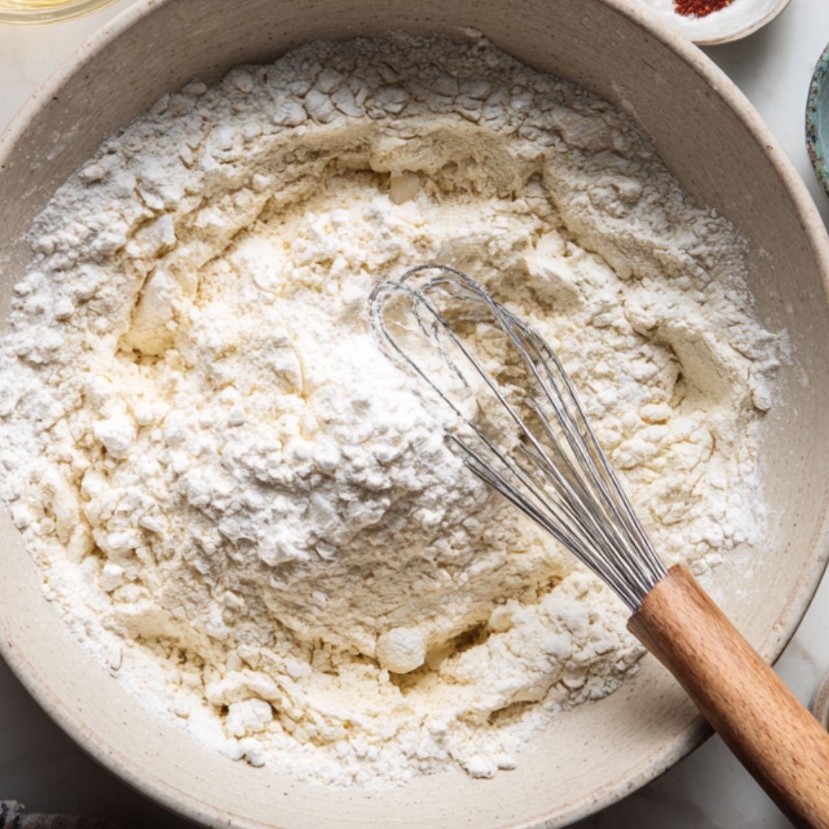 A bowl containing cornmeal and flour mixture with a whisk, ready for making hush puppy batter.