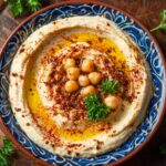 Classic hummus garnished with chickpeas, paprika, and fresh parsley in a decorative blue bowl.