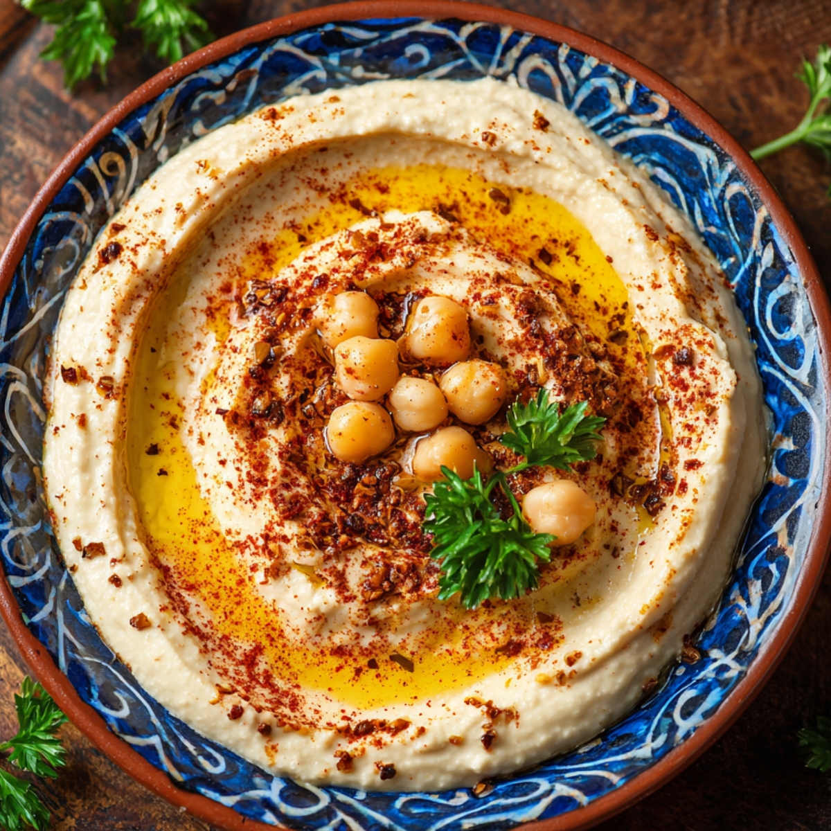Classic hummus garnished with chickpeas, paprika, and fresh parsley in a decorative blue bowl.