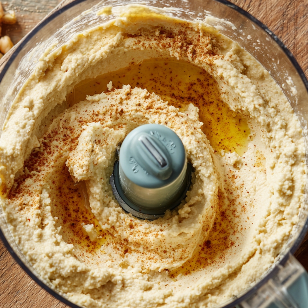 Freshly blended hummus topped with olive oil and paprika inside a food processor.