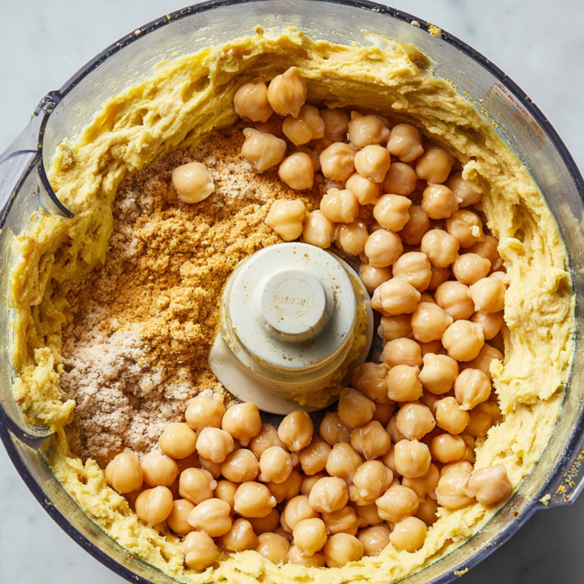 Creamy hummus mixture swirling inside a food processor after blending until silky smooth.
