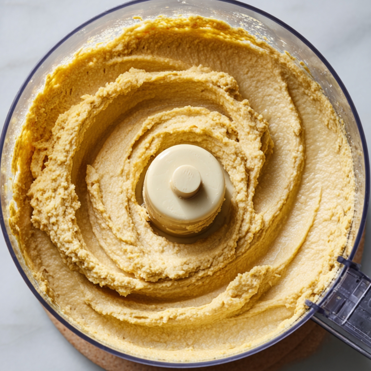 Food processor filled with tahini mixture, chickpeas, garlic, and cumin ready to be blended into hummus.