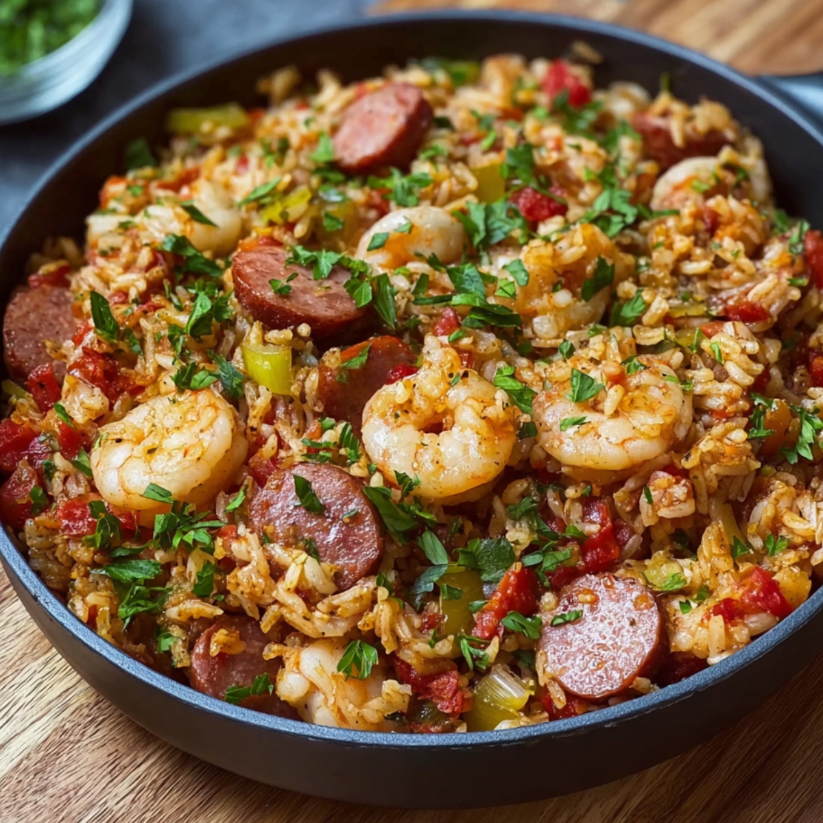 A colorful bowl of jambalaya recipe with shrimp, sausage, rice, and diced vegetables, garnished with chopped parsley.