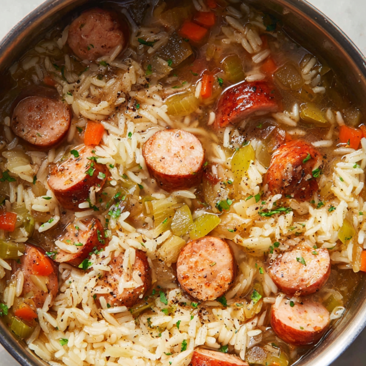 A skillet with sliced sausage, chopped green and red bell peppers, onions, and celery being sautéed together.